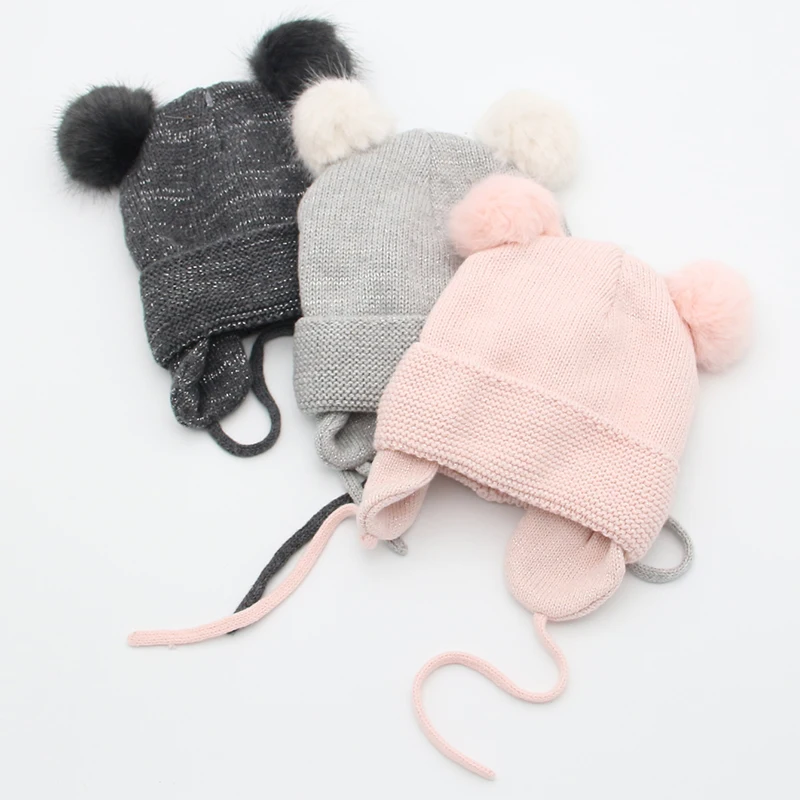 Детская зимняя детская шапка с помпонами из искусственного меха Шапка-бини