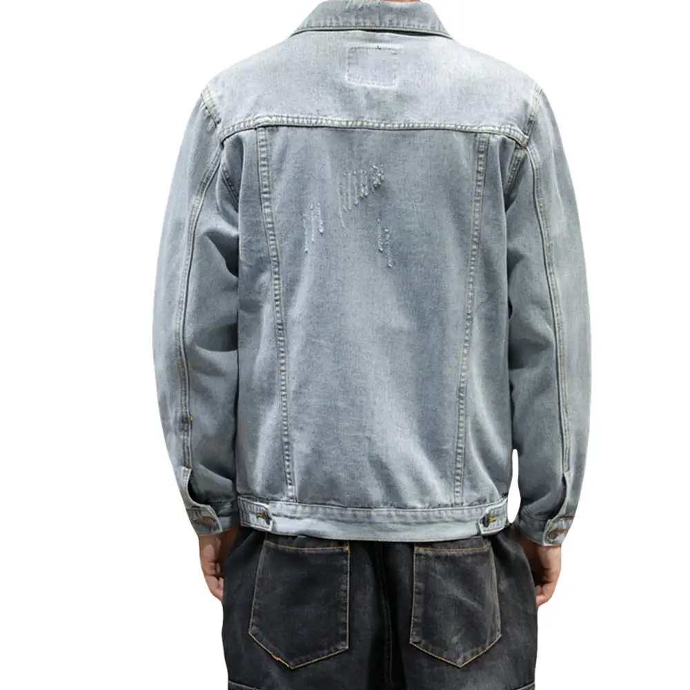 Fashion Hole Slim Buttoned Sky Blue Men's Jacket Hip Hop Retro Denim Street Casual Pilot Harajuku | Мужская одежда