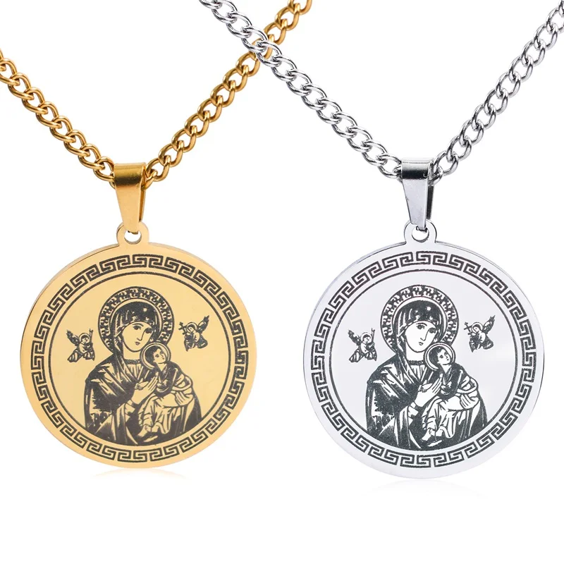 Religious Stainless Steel Jewelry Vintage Catholic Virgin Mary Round Pendant Long Necklace For Men And Women | Украшения и