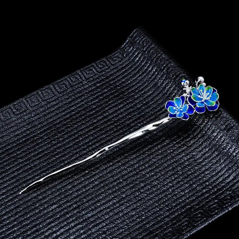 

Chinese landscape Thai blue peach blossom hairpin step by step classical ethnic style hairpin hair costume Hanfu accessories