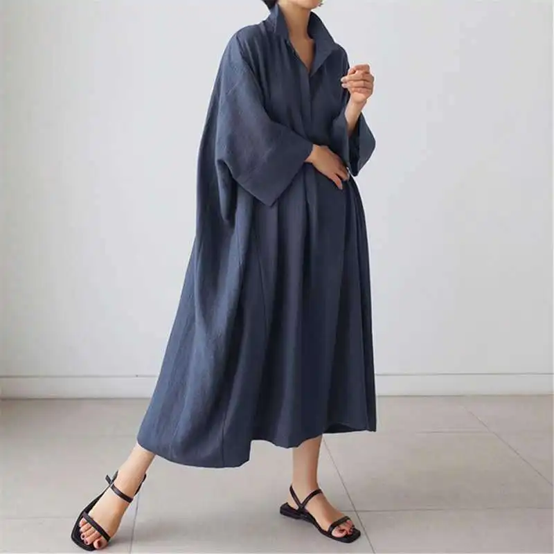 

Johnature 2023 New Women Batwing Dresses Autumn Korean Solid Color Loose Turn-down Collar Pocket Female Dress