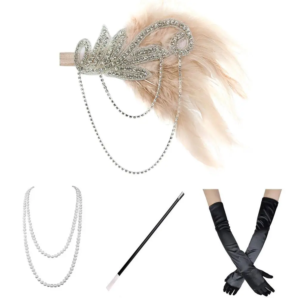 Champagne Set 1920s костюм девушки-флаппера Gatsby аксессуары набор для женщин Ревущие 20 ободок с сережками ожерелье перчатки сигарета держатель золото, вино - Цвет: Champagne Set