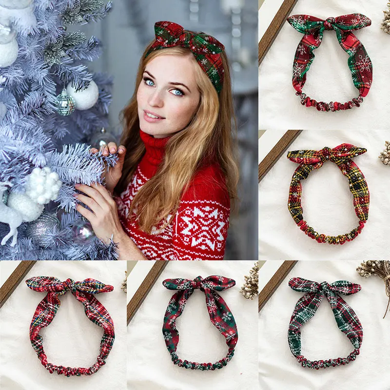 

Рождественская Снежинка, клетчатый принт, Рождественская повязка на голову, новые женские кроличьи уши, завязанные ободок с бантиком, эласт...