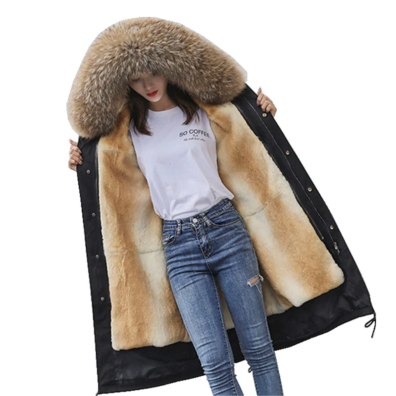 110CM as picture Роскошное зимнее пальто, парки, настоящая толстовка с мехом енота и подкладкой из искусственного меха, Женская Длинная Верхняя одежда, теплые пальто LF9110 - Цвет: 110CM as picture