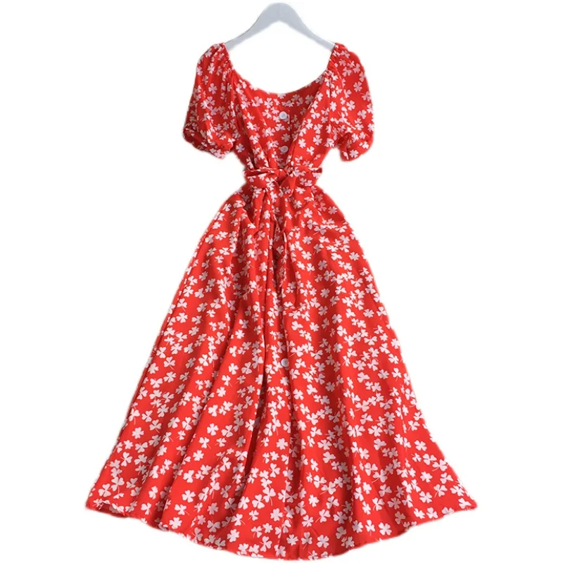 

2021 New Summer French square collar puff sleeve Dress high waist lace up waist floral print mid-long A-line Dress