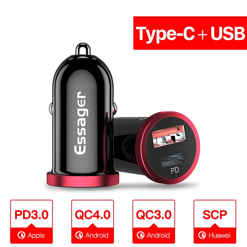 Type C USB Black Автомобильное зарядное устройство Essager Quick Charge 4,0 3,0 USB для мобильного телефона iPhone Xiaomi 5A SCP QC4.0 QC3.0 QC type C PD автомобильное быстрое USB зарядное устройство - Тип штекера: Type C USB Black