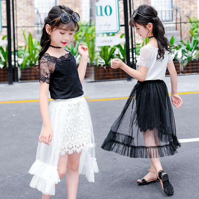 

2021 Spring Summer Set Clothing for Girls Short Sleeve Lace Top+Irregular Lace Long Skirt Sweet Kids Princess Clothes 4-13 Years