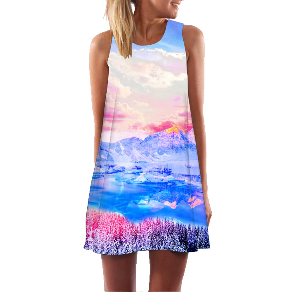 

2021 new digital printed round neck strapless sleeveless vest with large swing and loose medium and long dress платье платье лет
