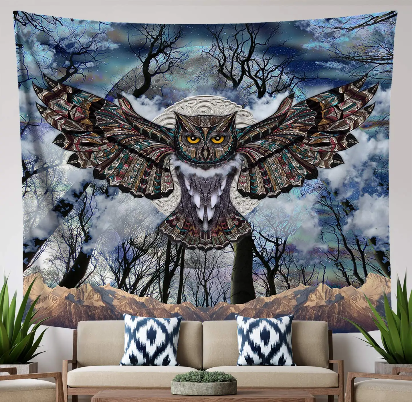 

Lucid Eye Studios Moon Owl Tapestry Blue Mandala Wall Dark Forest Design Animal Wall Hanging