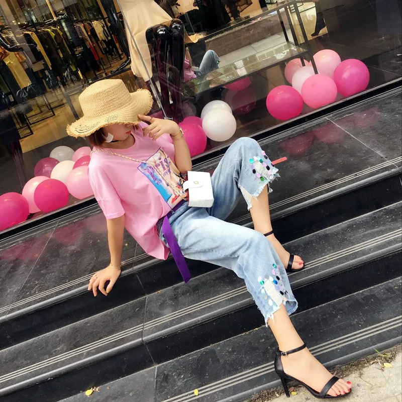 Летние женские винтажные широкие брюки с завышенной талией и блестками джинсы