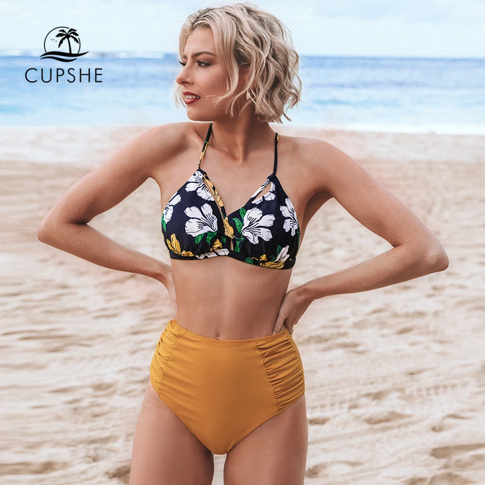 CUPSHE цветочный и однотонный гофрированный с высокой талией бикини сексуальный