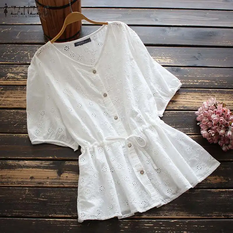 

ZANZEA Summer Short Sleeve Embroidery Blouse Women Elegant Lace Crochet Shirt Solid Buttons Blusas Chemise Oversized Tunic Tops