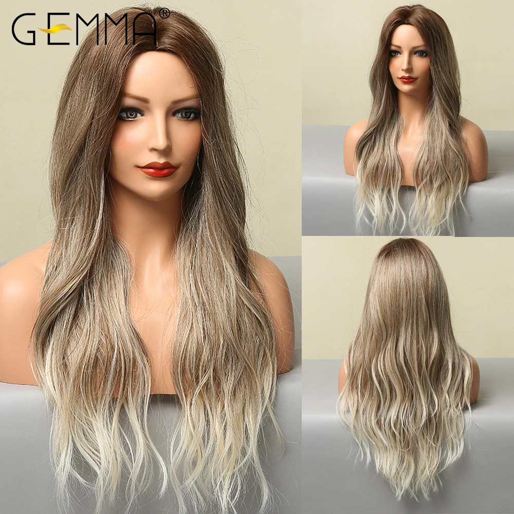 

GEMMA Synthetic Wigs for Women Afro Ombre Brown Gray Ash Light Blonde Long Wavy Middle Part Wigs Heat Resistant Cosplay Hair