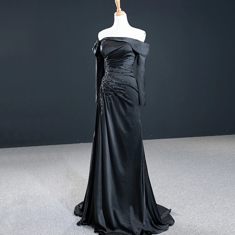 J67153 Removable Long Sleeve Pure Black High Slit A-Line Crystal Party Gowns Evening Dress 2020 Boat Neck فستان زفاف