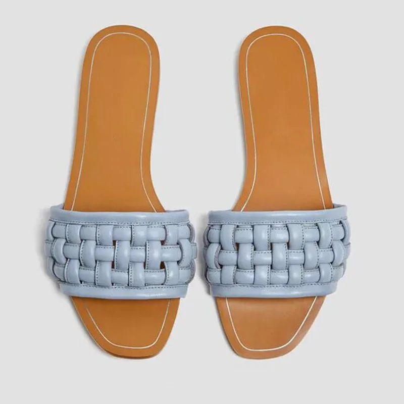 

Fashion Woven Women Slippers Outside Wear Beach Shoes Retro Blue Non-slip Comfortable Leather Slides Flat Ladies Flip Flops