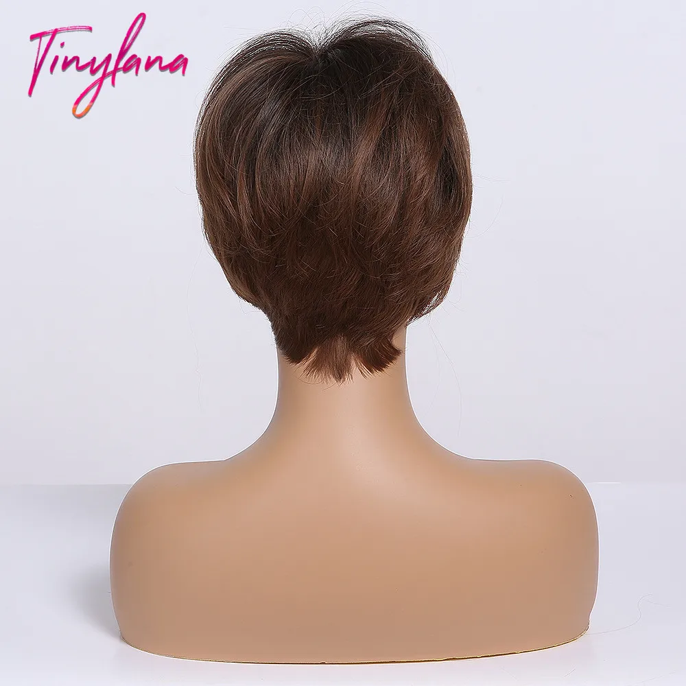 

TINY LANA Women's short Wig Straight Layered With Bangs Ombre Black&Brown Golden Blonde Synthetic Wigs Pixie Cut Heat Resistant