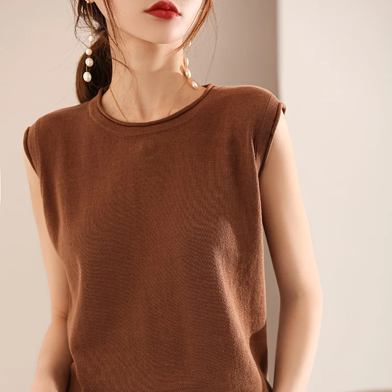 

Summer New Pure Cotton Women Blouse Solid Knitted Sleeveless Blouse for Women O-Neck Pullover Loose Short T-shirt Blusa 14646