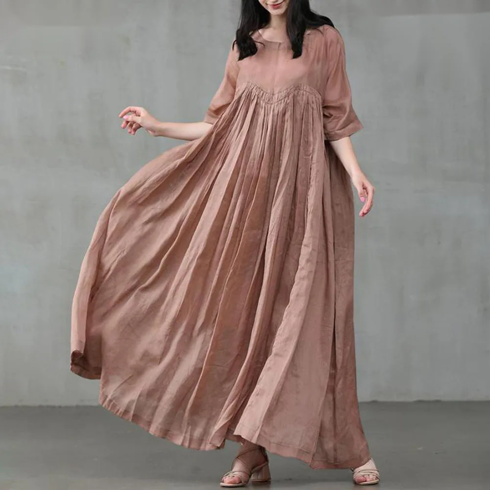 

New 2021 Summer Casual Women's Cotton Linen Pullover Round Neck Large Swing Solid Color Dress Long Skirt Dresses Lady