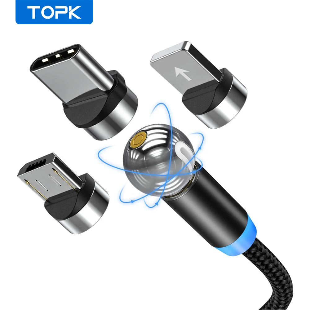 Магнитный зарядный кабель TOPK AM28 с поворотом на 360 градусов Micro USB Type C LED для iPhone 11 Xs