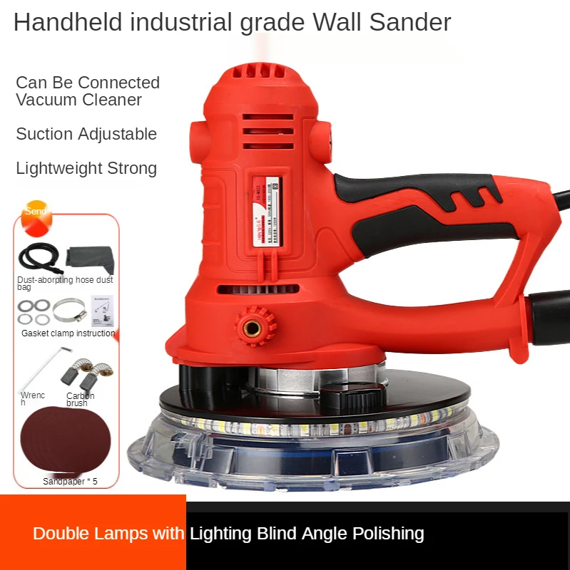1250W Wall Grinder 6 Variable Speed Drywall Sander Portable LED Light With Vacuum Sandpaper Machine Wall Putty Polishing Machine