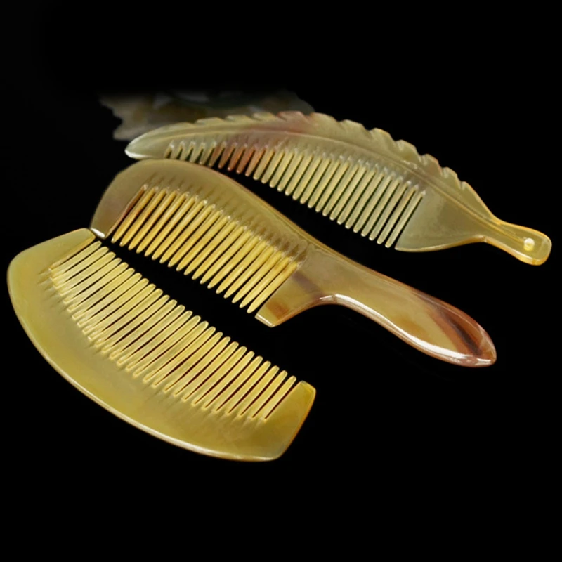

2PC Handle Horn Comb Natural Grain Road Small Yak Horn Comb Anti-Static Massage Health Comb Style 2 & 4