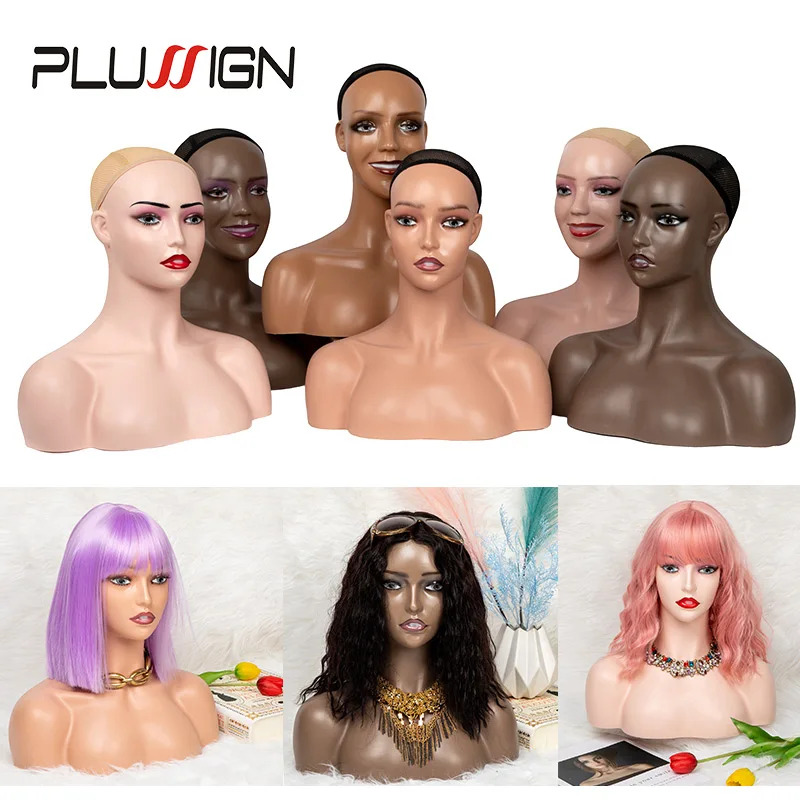 Plussign Mannequin Head For Wig Sunglasses Jewelry Display Female Wig Stand With Shoulders Female Beige Dark Brown Display Head