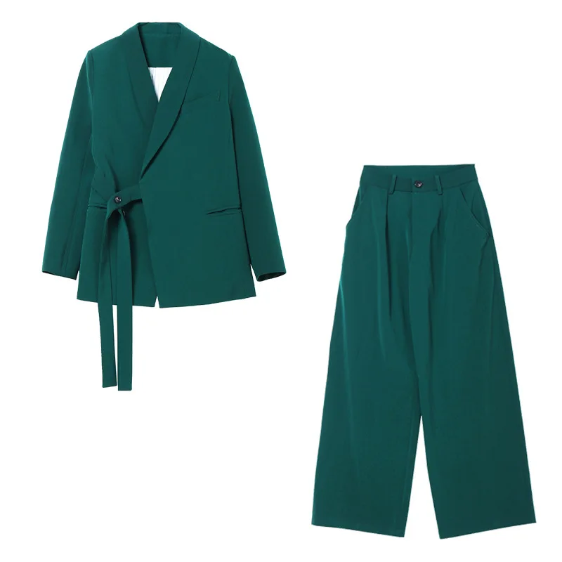 

2021 Vintage Autumn Thicken Women Pant Suit Green Belt Blazer Jacket Pant Office Wear Wide Leg Women Suits Female Sets T4