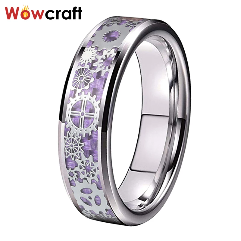 

6mm Tungsten Gear inlay Rings for Men Women Wedding Bands Purple Carbon Fiber Comfort Fit
