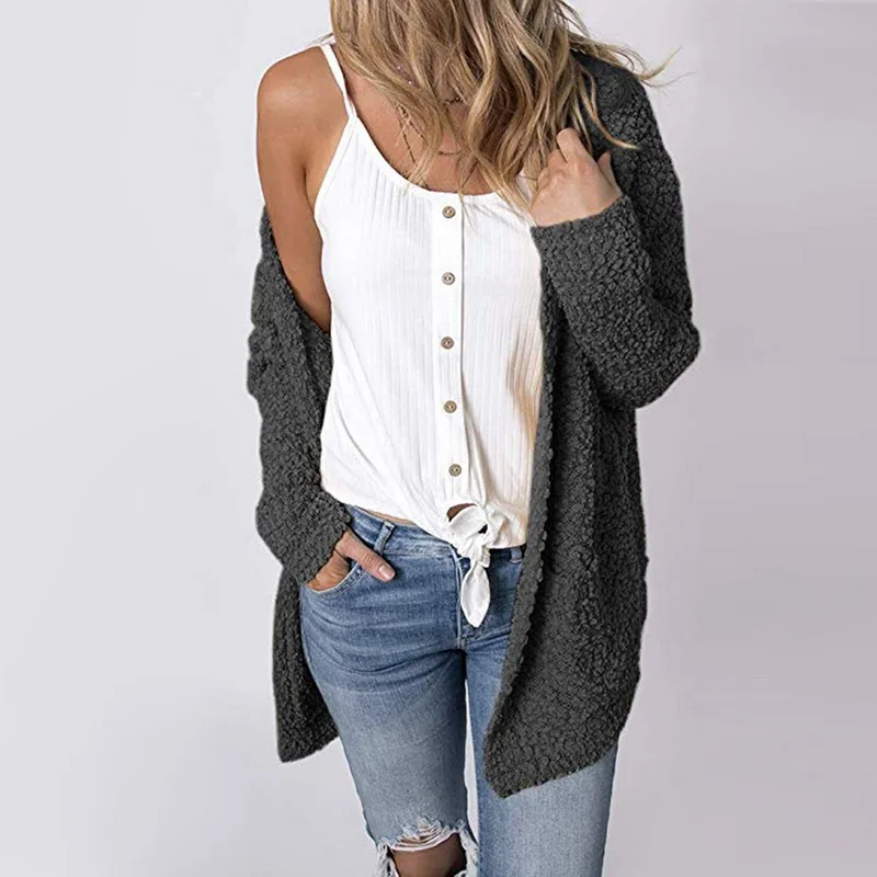 Women's 2019 Fashion Winter Plush Sweater Sherpa Wool Side Slit Long Sleeve Pullover Pure color Knit Loose Tunic Tops |