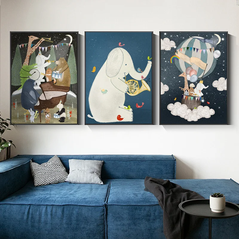 

Cartoon Forest Animal Rabbit Elephant Bear Giraffe Boat Hot Air Bballoon Canvas Painting Wall Picture Poster Children Room Decor