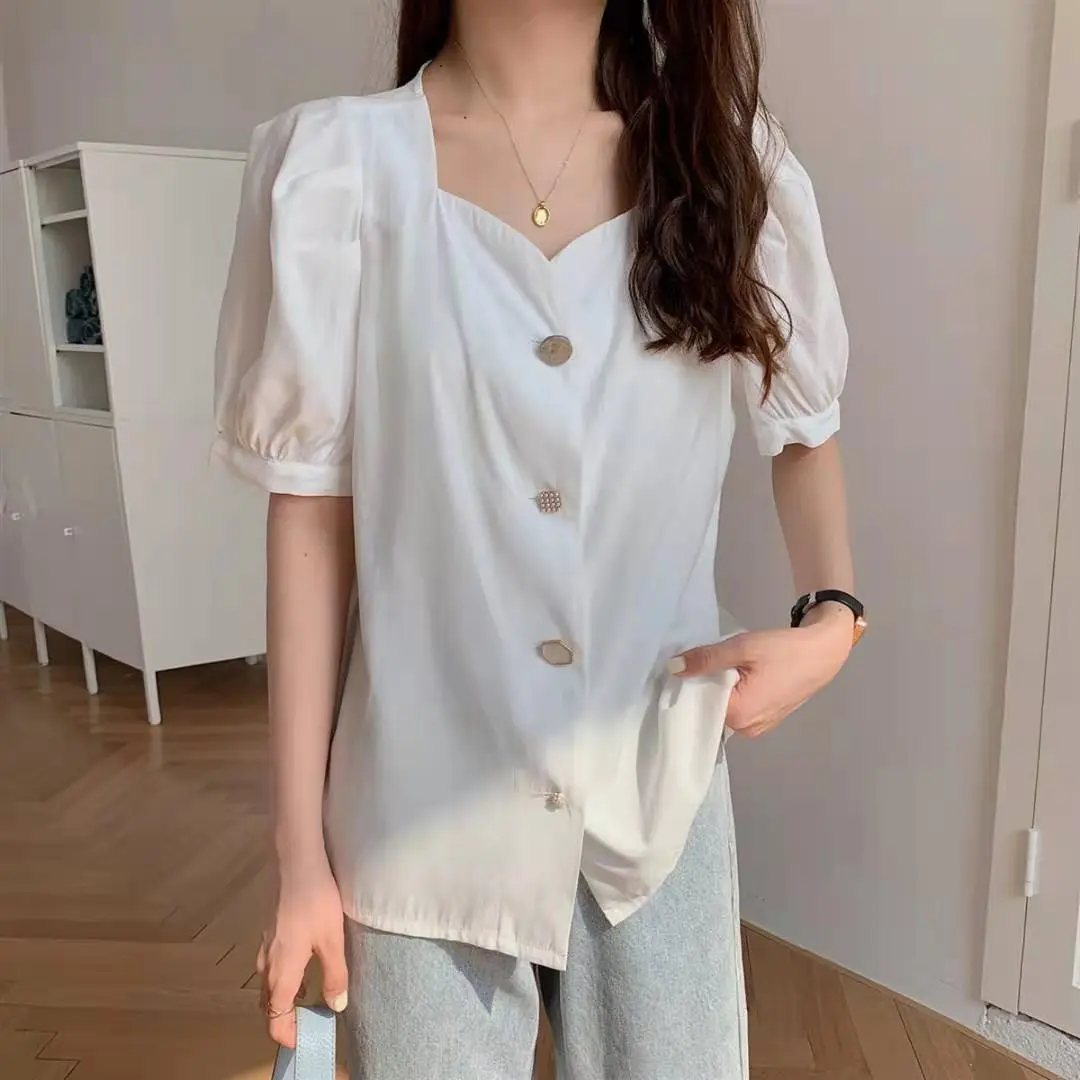 

2021 Summer Blouse For Women Fashion Puff Sleeve Korean Style Retro Single Breasted Design Chiffon Shirt Cool Blouse Female