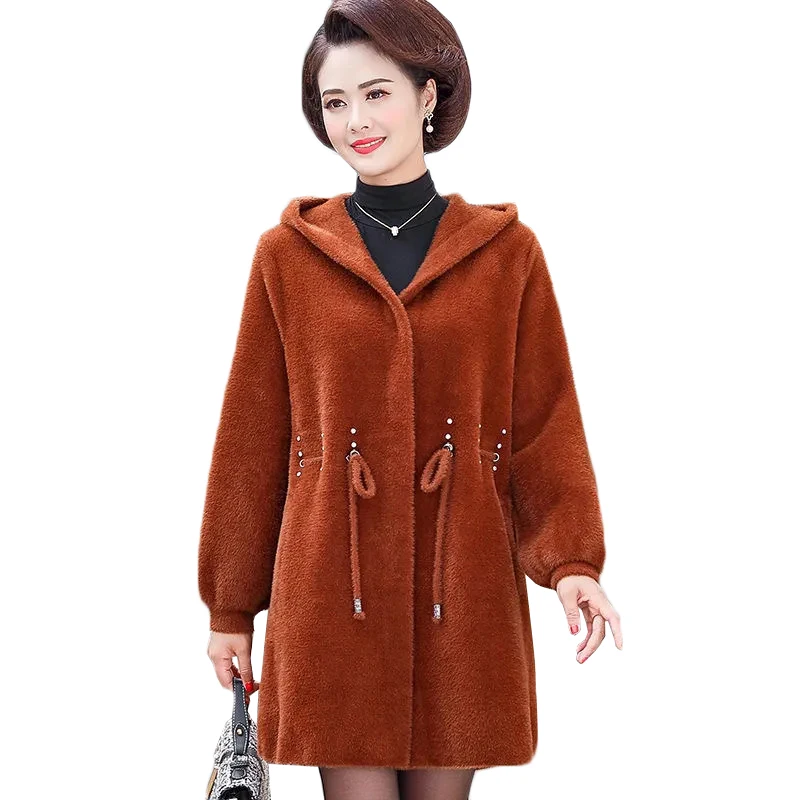 

6XL Winter Jacket Women Imitation Mink Velvet Coat New Solid Hooded Warm Mid Long Woolen Coat Middle-aged Female Basic Outerwear
