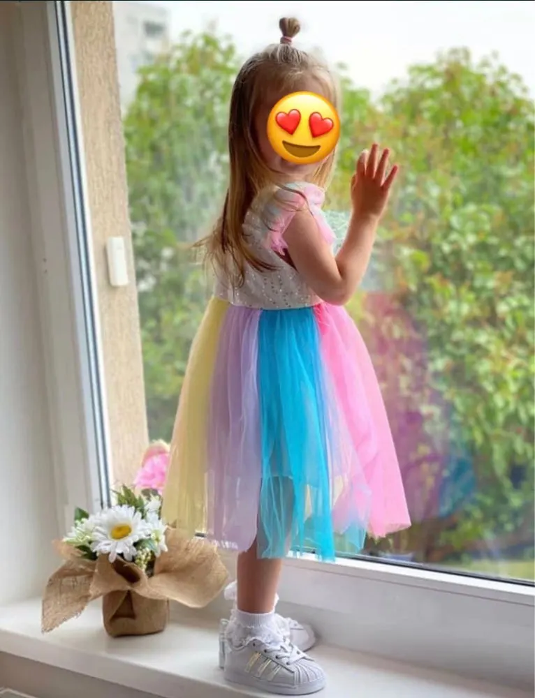 2020 платье для девочек Радужное с рукавами-лепестками и блестками милое принцессы