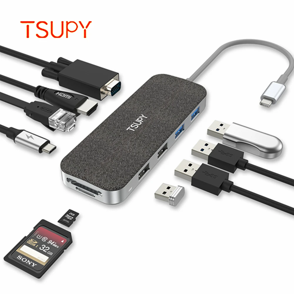 TSUPY 10 в 1 USB C концентратор HDMI VGA Ethernet доставка питания 3 0 2 SD/TF кардридер для Macbook Pro