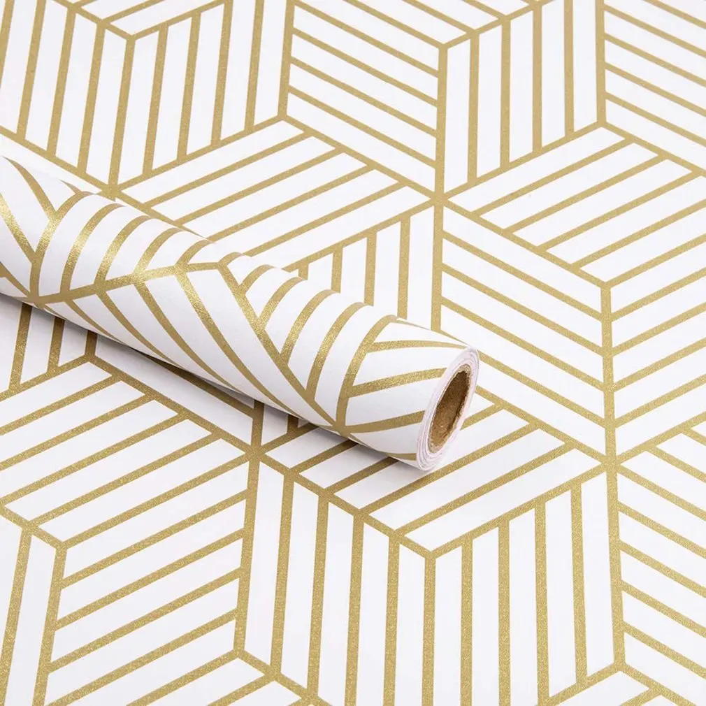 

Самоклеящаяся самоклеящаяся настенная бумага из ПВХ с геометрическими полосками золотистого шестиугольника, Современное украшение для ст...