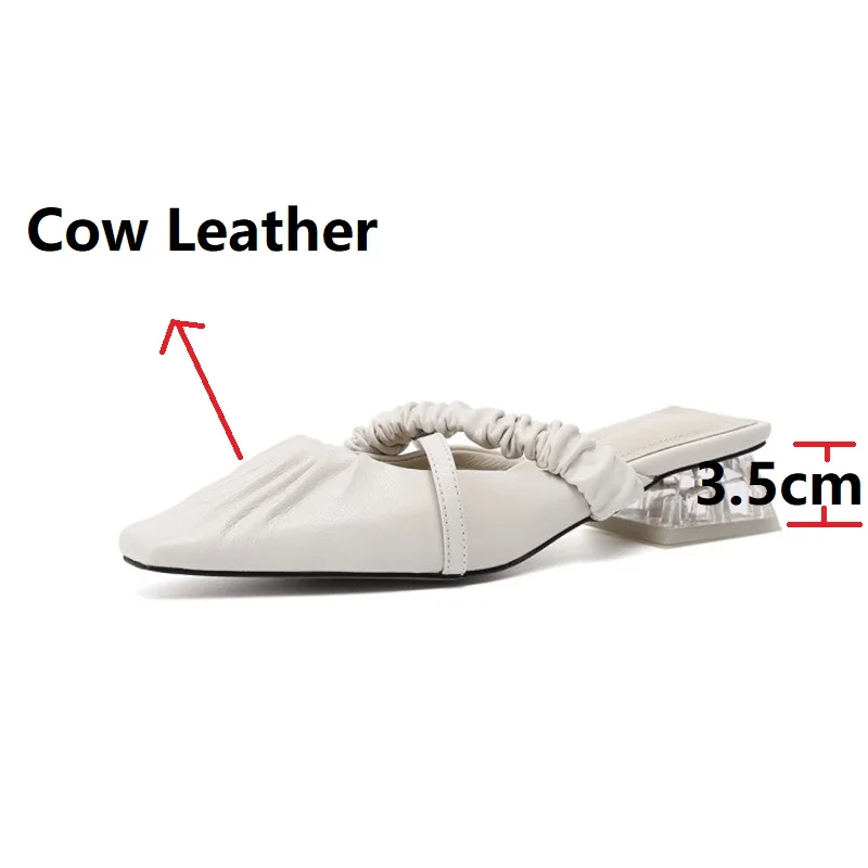 

Trendy Clear Heels Natural Genuine Leather Mules Women Chic Pleated Strap Slip ons Beige Pink Slippers Mules Spring Summer Shoes