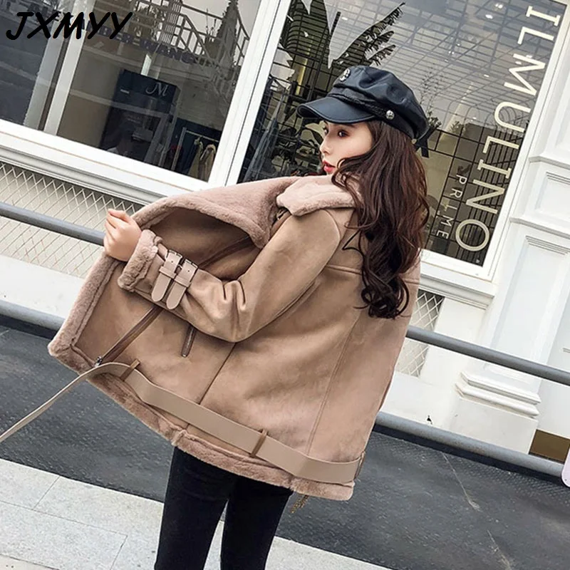 

South Korea autumn and winter lapel thick suede fur one short coat female deerskin cashmere lamb hair motorcycle suit JXMYY