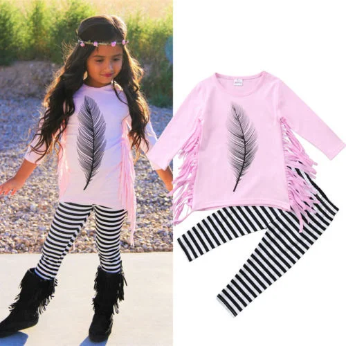 

Sping Autumn Kid Baby Girl Long Sleeve Clothes Sets Tassel Tops+striped Pants Leggings Cotton Popular Outfit Clothes Hot