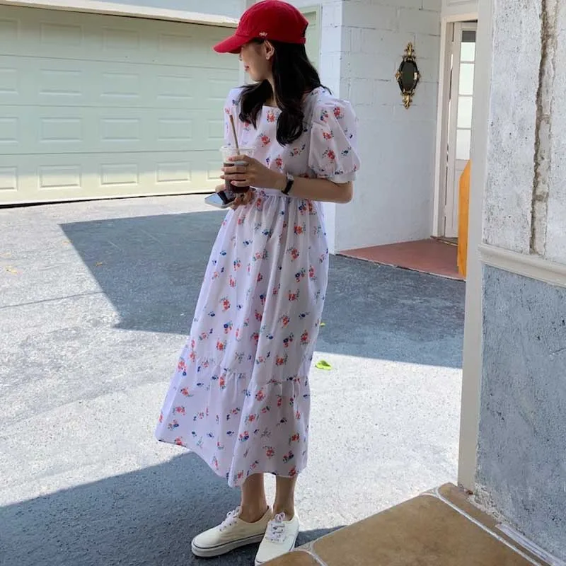 Vestido de verano de una pieza con manga abombada, estampado de volantes, Coreano elegante, suelto e informal, francés, 2021