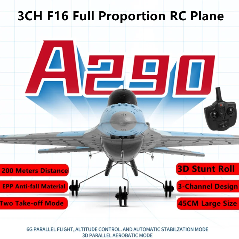 

3CH F16 Full Proportion RC Plane 200M 45CM Size 3D/6G Stunt Roll Gyro Self-Stabilization System Two Take-off Modes RC Aieplane