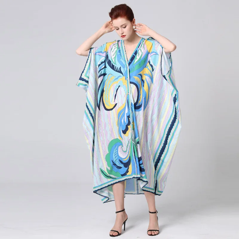 

Elegant Slim Casual New Summer Dress Women's Tide Beach Style Over Length Over Size V Collar Batwing Sleeve Print