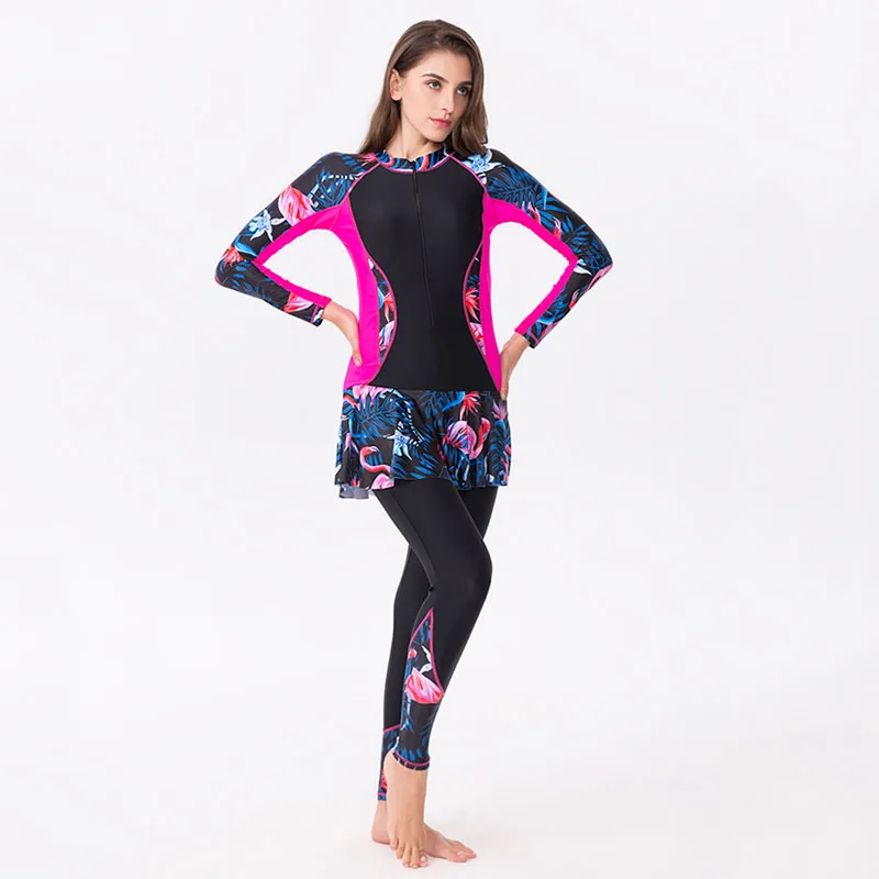 

Beach Plus Size Sports Swimsuit Women 2019 One Piece Bathing Suit Rashguards Swimwear Long Sleeve Pants Skirt Zipper Surf Wear