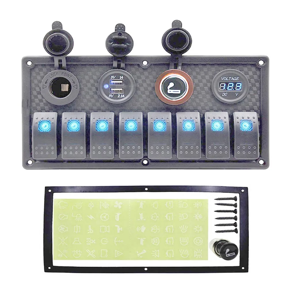 8 Gang Blue LED Водонепроницаемая Автомобильная панель управления для лодки 12~ 24 В+ usb-порт для зарядки+ светодиодный Кулисный панель управления выключателем Цифровой вольтметр - Цвет: 8 Gang Blue LED