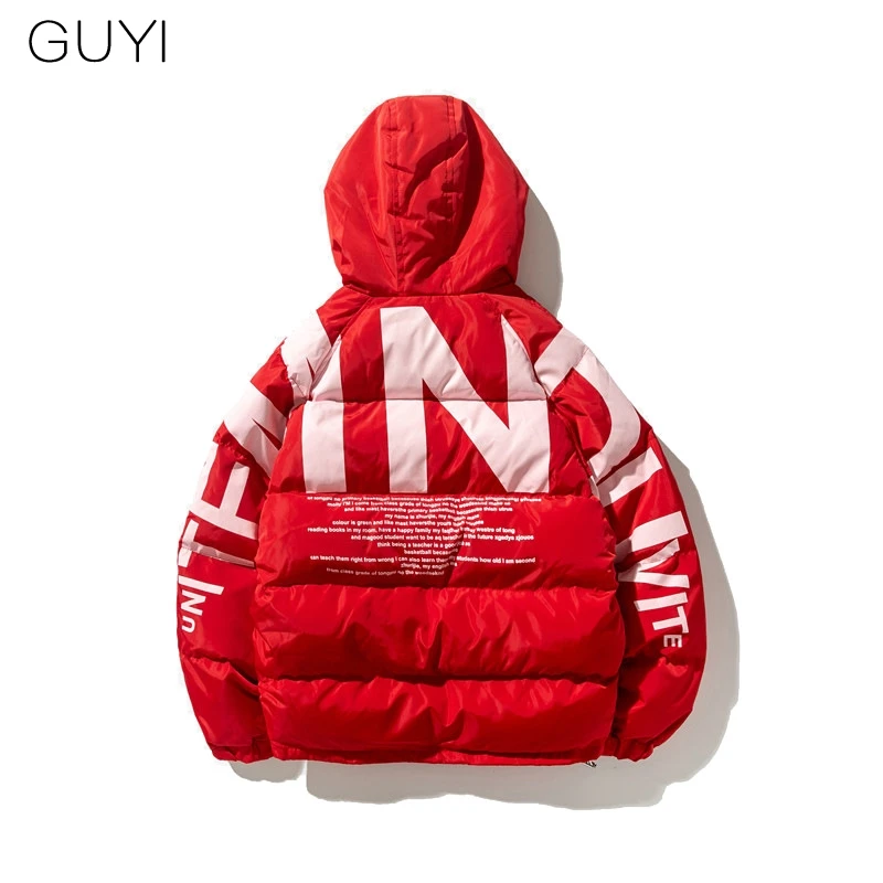 

Warm Thick Hooded Parkas Casual Coats Jackets Men Cotton Winter Loose Zipper Elastic Outerwear Hip Hop Overcoat Print Polyester