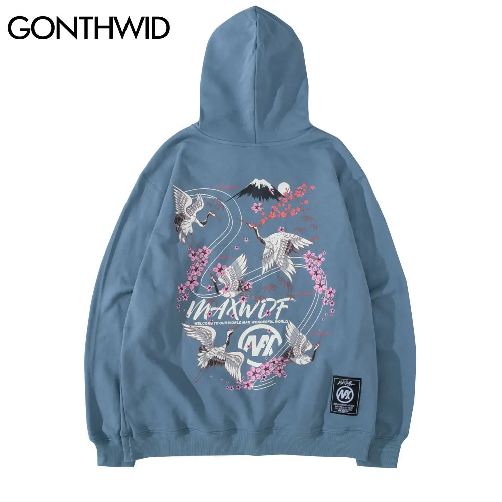 Свитшот GONTHWID с капюшоном худи в китайском стиле принтом журавлей цветов вишни