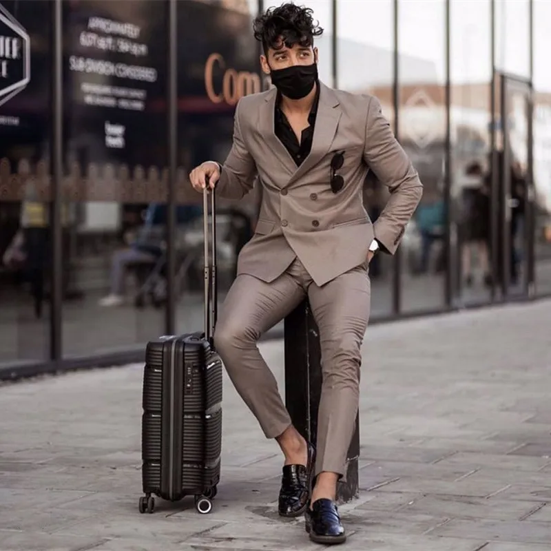 

2022 повседневные мужские костюмы Brwon с двойным рядом пуговиц, мужской облегающий костюм, смокинг, Свадебный костюм для жениха, Мужской Блейзе...