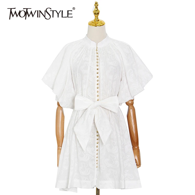

TWOTWINSTYLE White Stand Collar Puff Half Sleeve High Waist Patchwork Bowknot Sweet A Line Dresses Female 2021 Summer Clothing