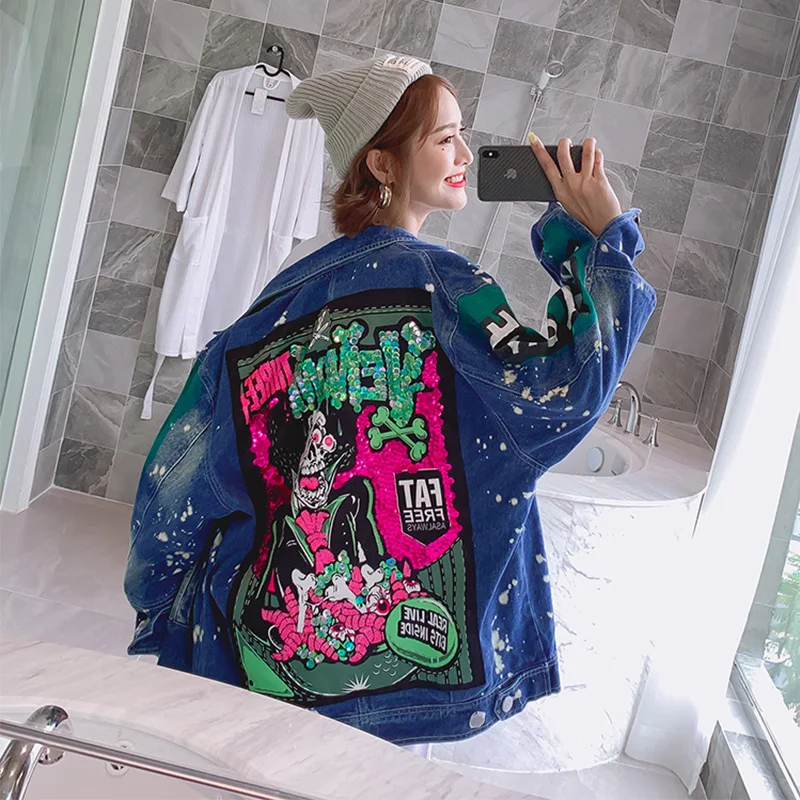 2021 осенние женские джинсовые блестки патч-дизайны куртки с рисунком граффити |