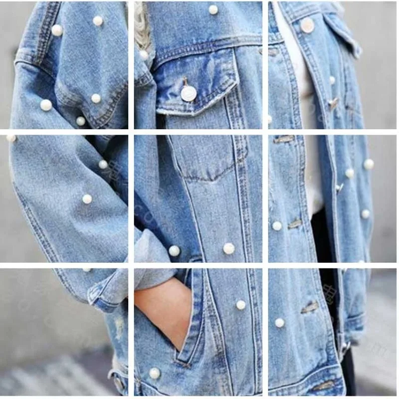 Жемчужные бисерные рваные джинсовые куртки женские винтажные однобортные и