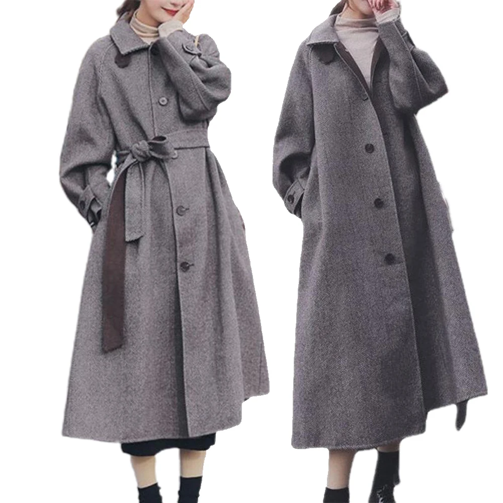 

Женское однотонное пальто в стиле Хепберн на пуговицах со шнуровкой средней длины, повседневное свободное зимнее пальто, женская верхняя о...